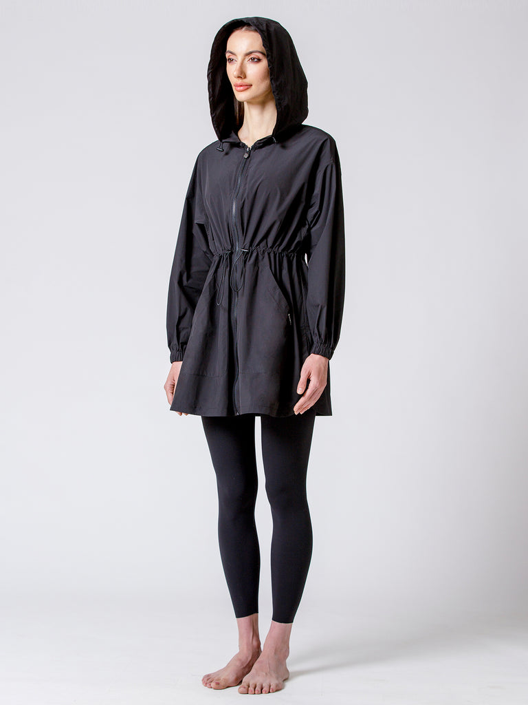 LONG HOODED ZIP UP WINDBREAKER, BLACK