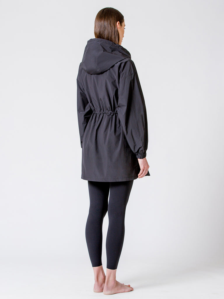 LONG HOODED ZIP UP WINDBREAKER, BLACK