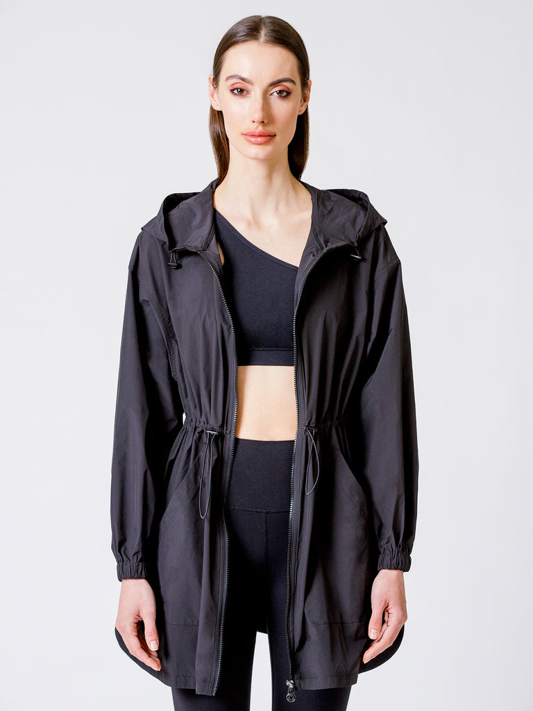 LONG HOODED ZIP UP WINDBREAKER, BLACK