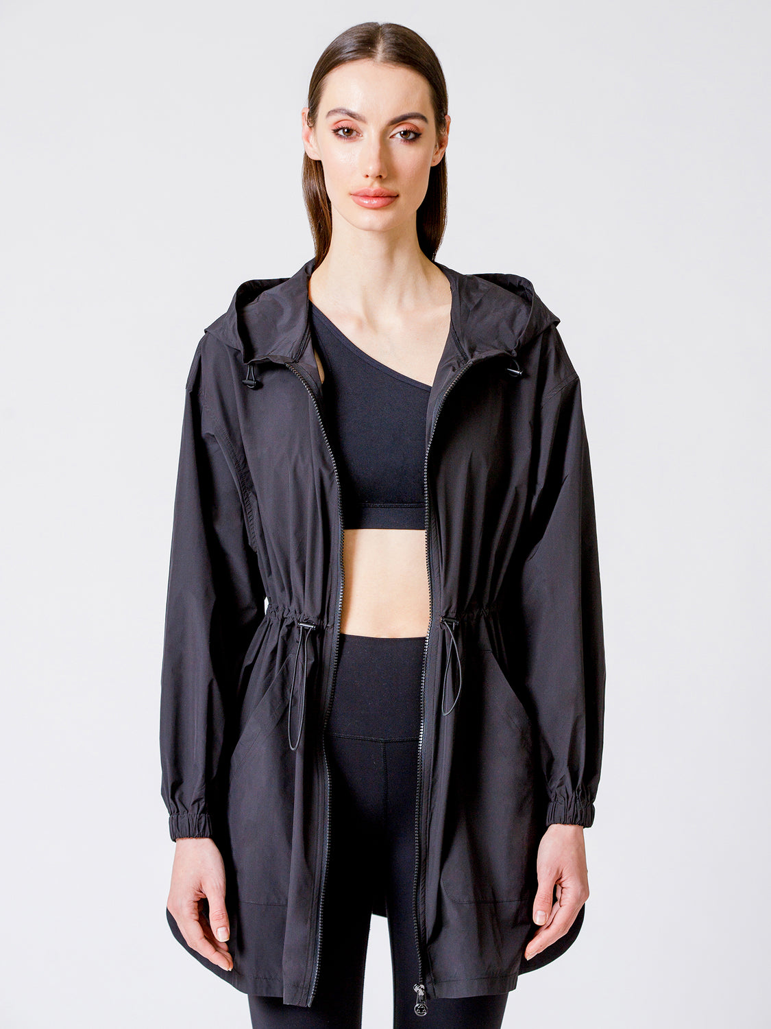 LONG HOODED ZIP UP WINDBREAKER, BLACK