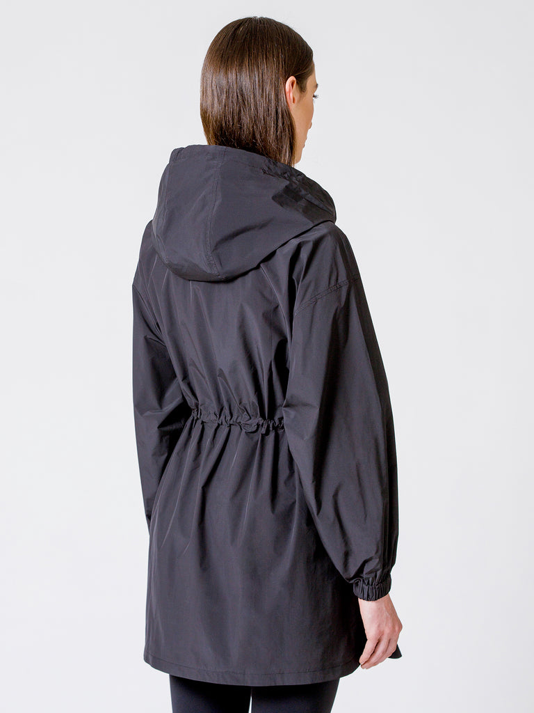 LONG HOODED ZIP UP WINDBREAKER, BLACK