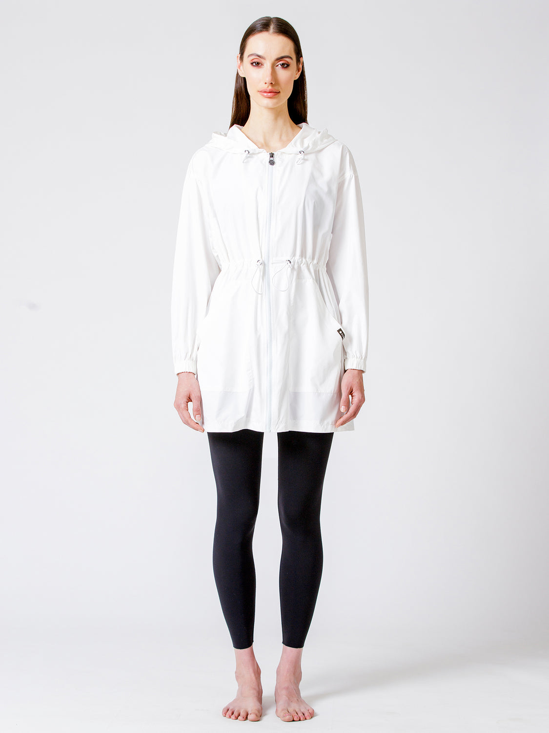 LONG HOODED ZIP UP WINDBREAKER, WHITE