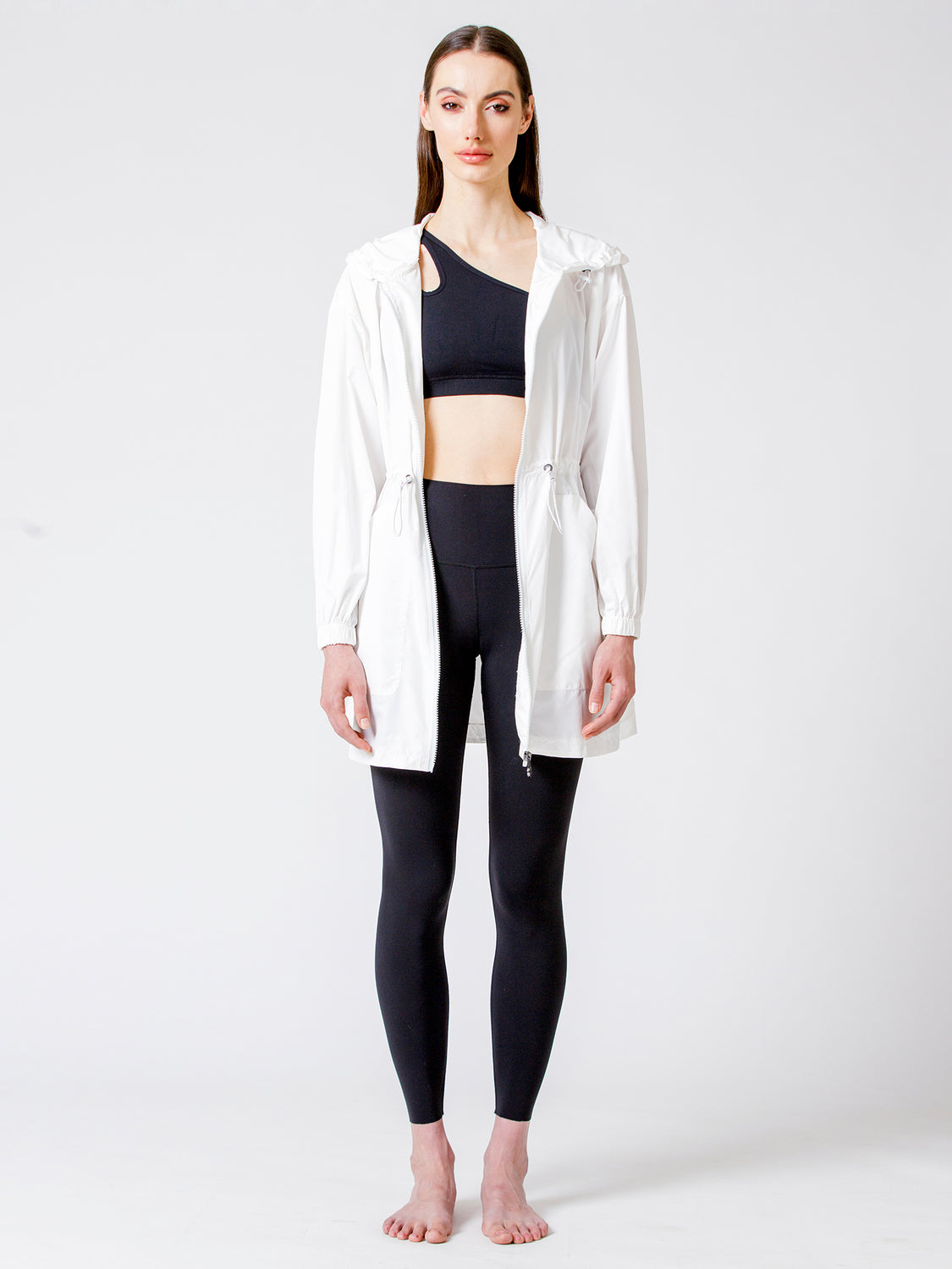 LONG HOODED ZIP UP WINDBREAKER, WHITE