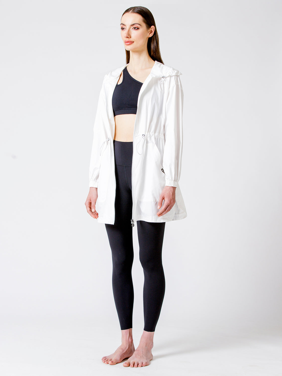 LONG HOODED ZIP UP WINDBREAKER, WHITE