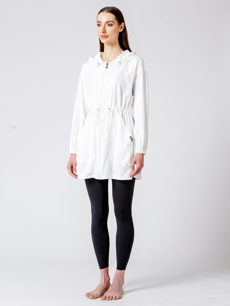 LONG HOODED ZIP UP WINDBREAKER, WHITE