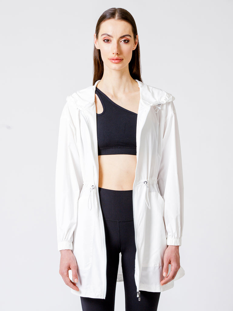 LONG HOODED ZIP UP WINDBREAKER, WHITE