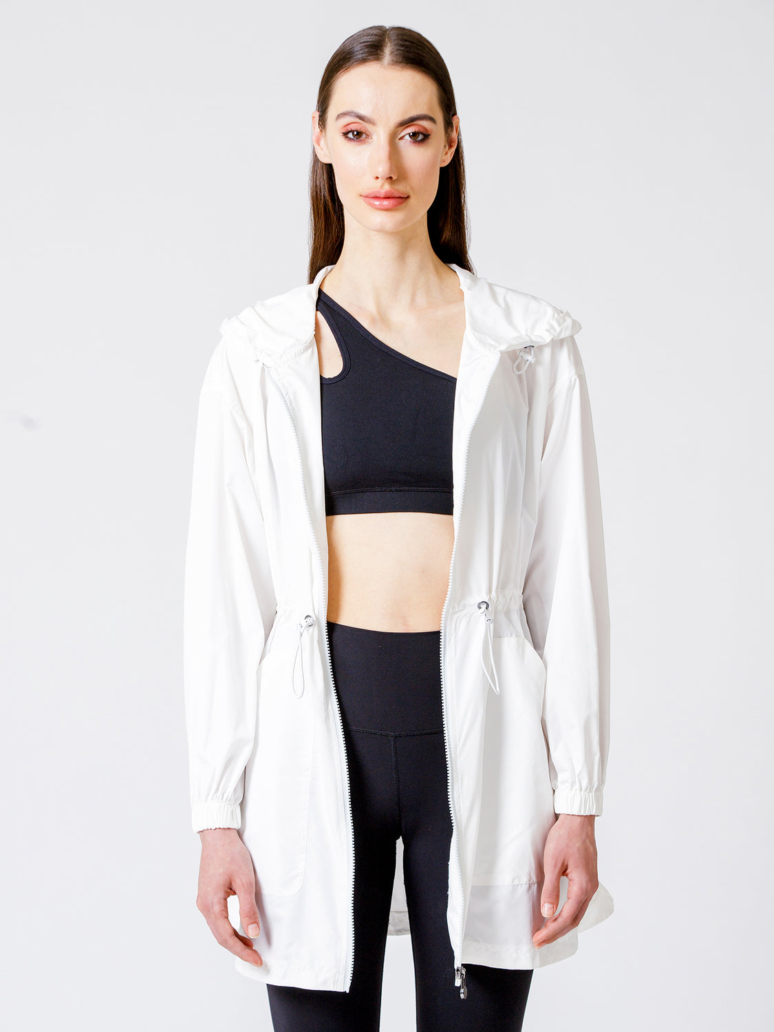 LONG HOODED ZIP UP WINDBREAKER, WHITE