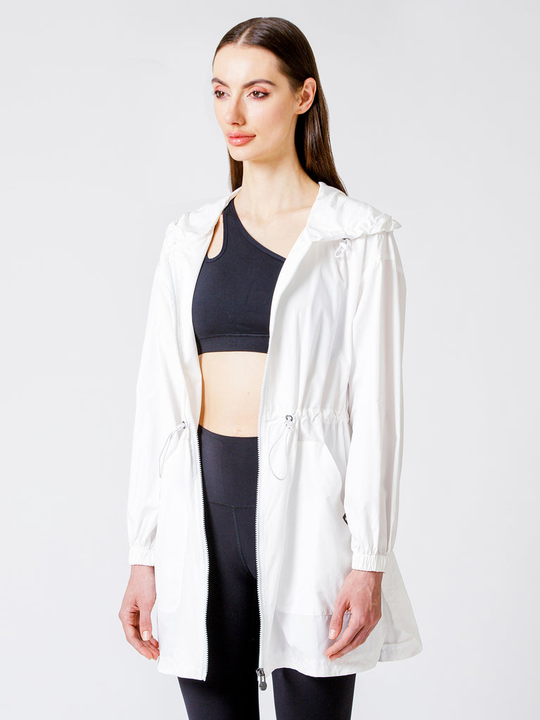 LONG HOODED ZIP UP WINDBREAKER, WHITE
