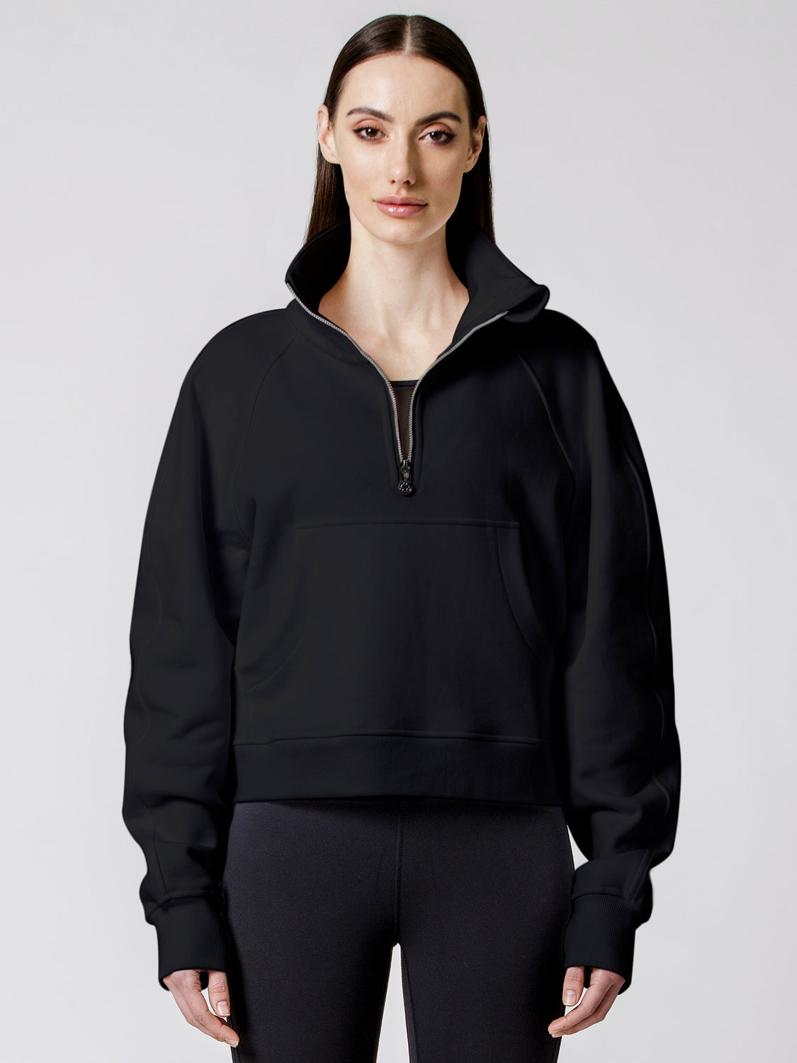 COLLARED HALF ZIP RELAXED SWEATSHIRT, BLACK