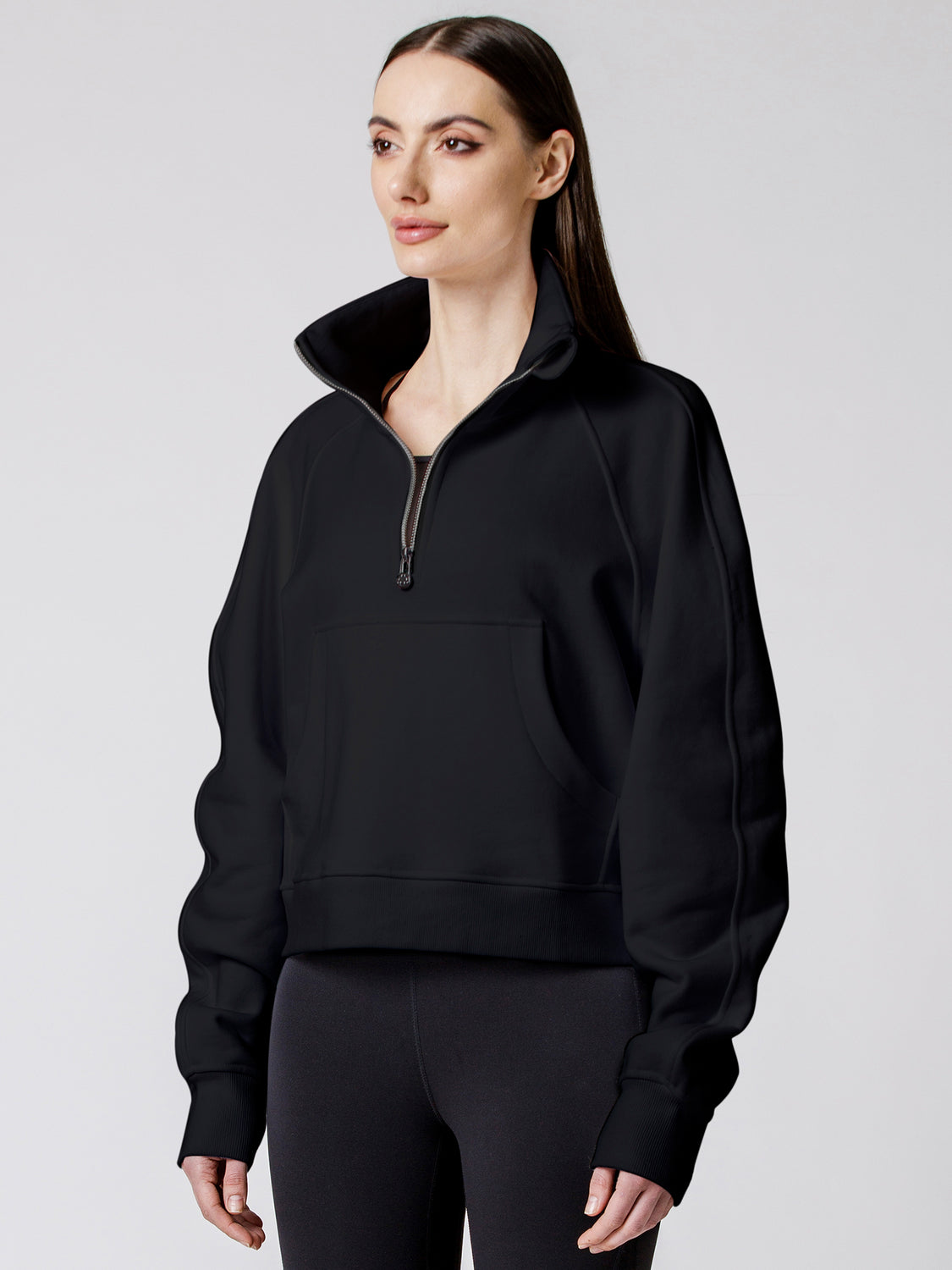 COLLARED HALF ZIP RELAXED SWEATSHIRT, BLACK