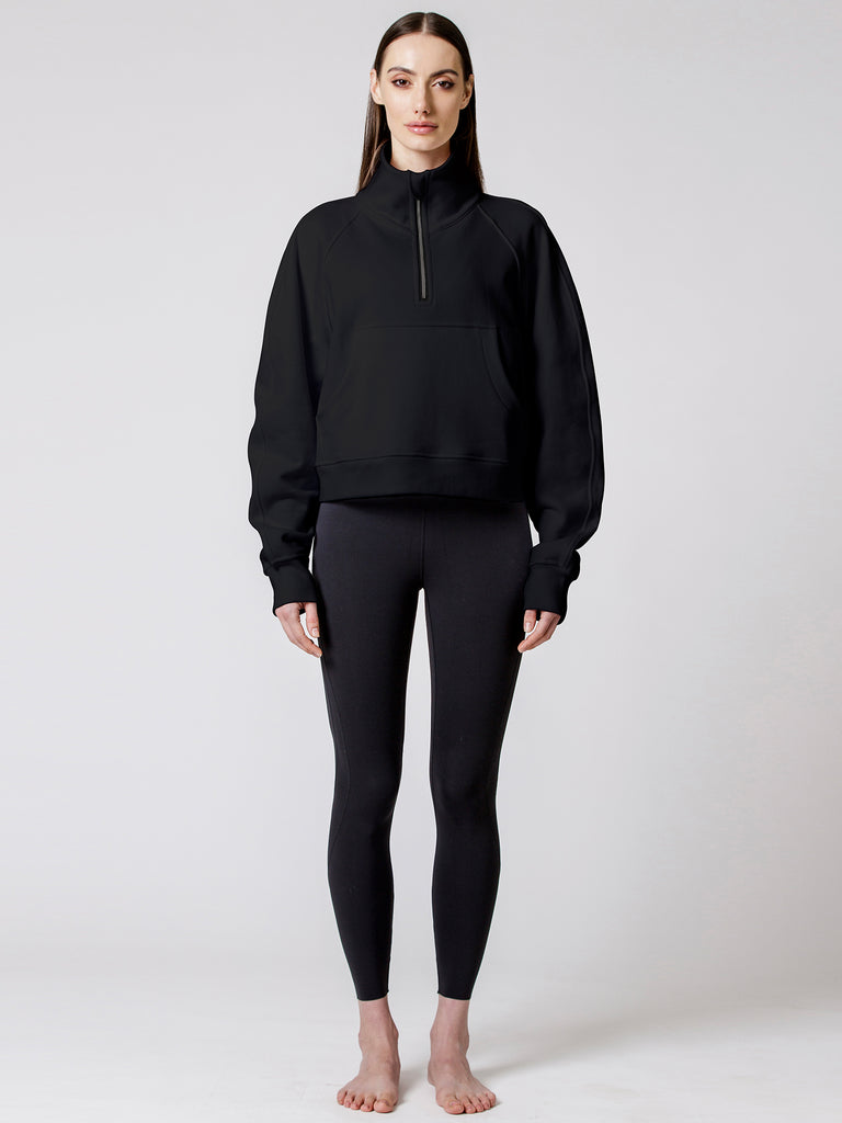 COLLARED HALF ZIP RELAXED SWEATSHIRT, BLACK