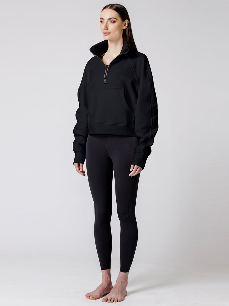 COLLARED HALF ZIP RELAXED SWEATSHIRT, BLACK