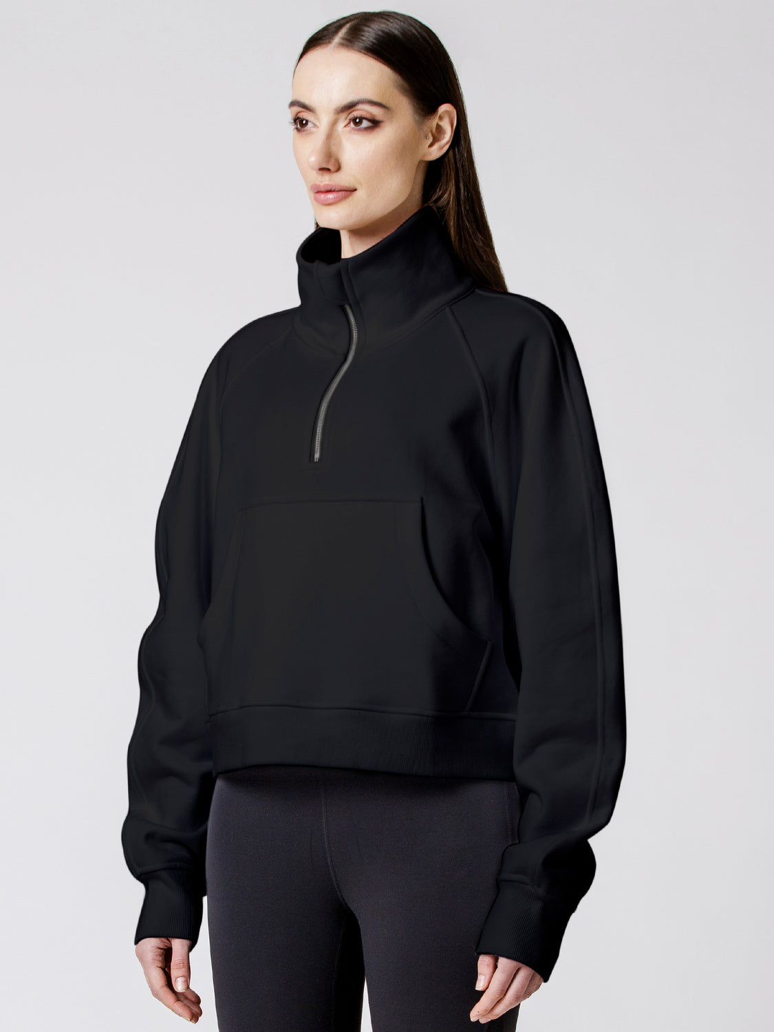 COLLARED HALF ZIP RELAXED SWEATSHIRT, BLACK