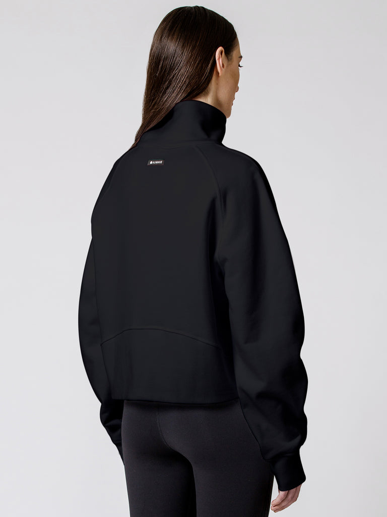 COLLARED HALF ZIP RELAXED SWEATSHIRT, BLACK