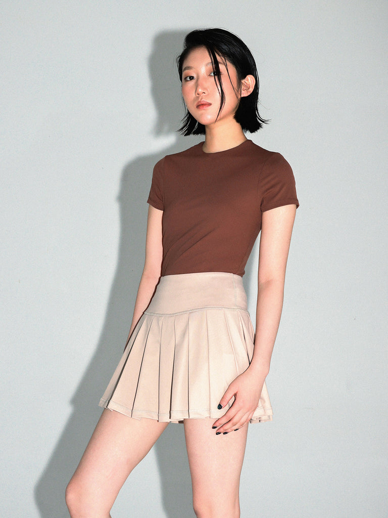 HIGH WAIST PLEATED SKIRT W/SHORTS, GRAY BROWN