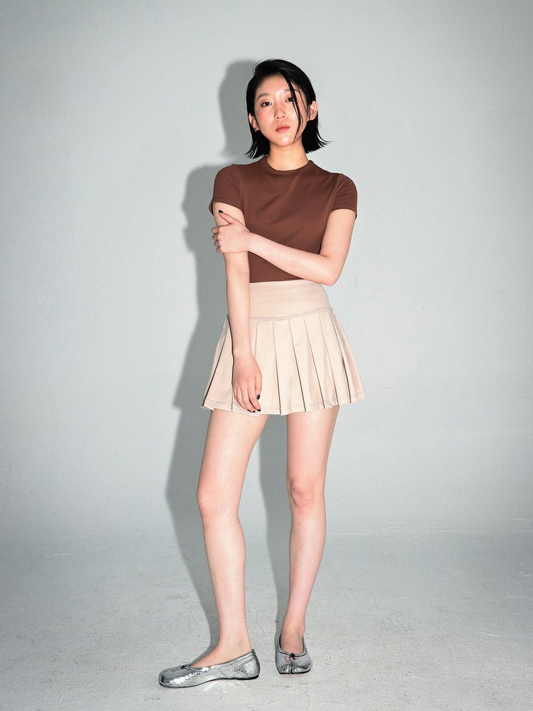 HIGH WAIST PLEATED SKIRT W/SHORTS, GRAY BROWN