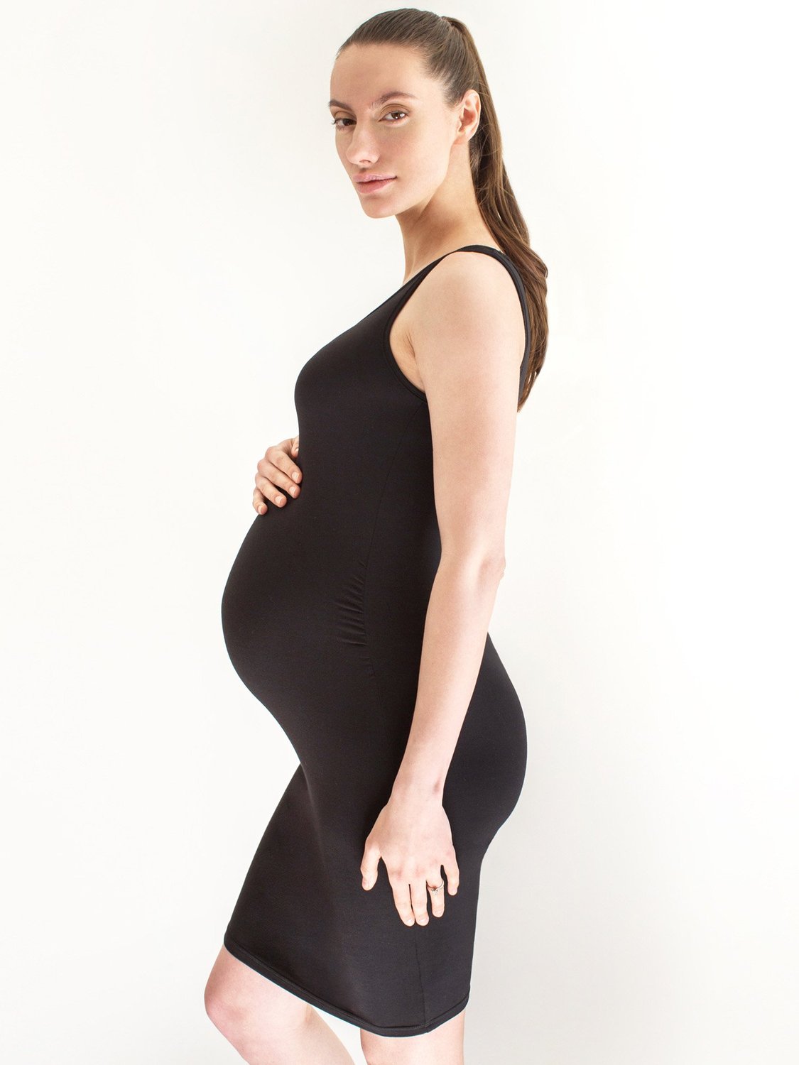 MATERNITY SOFT STRETCH SLEEVELESS MIDI DRESS, BLACK
