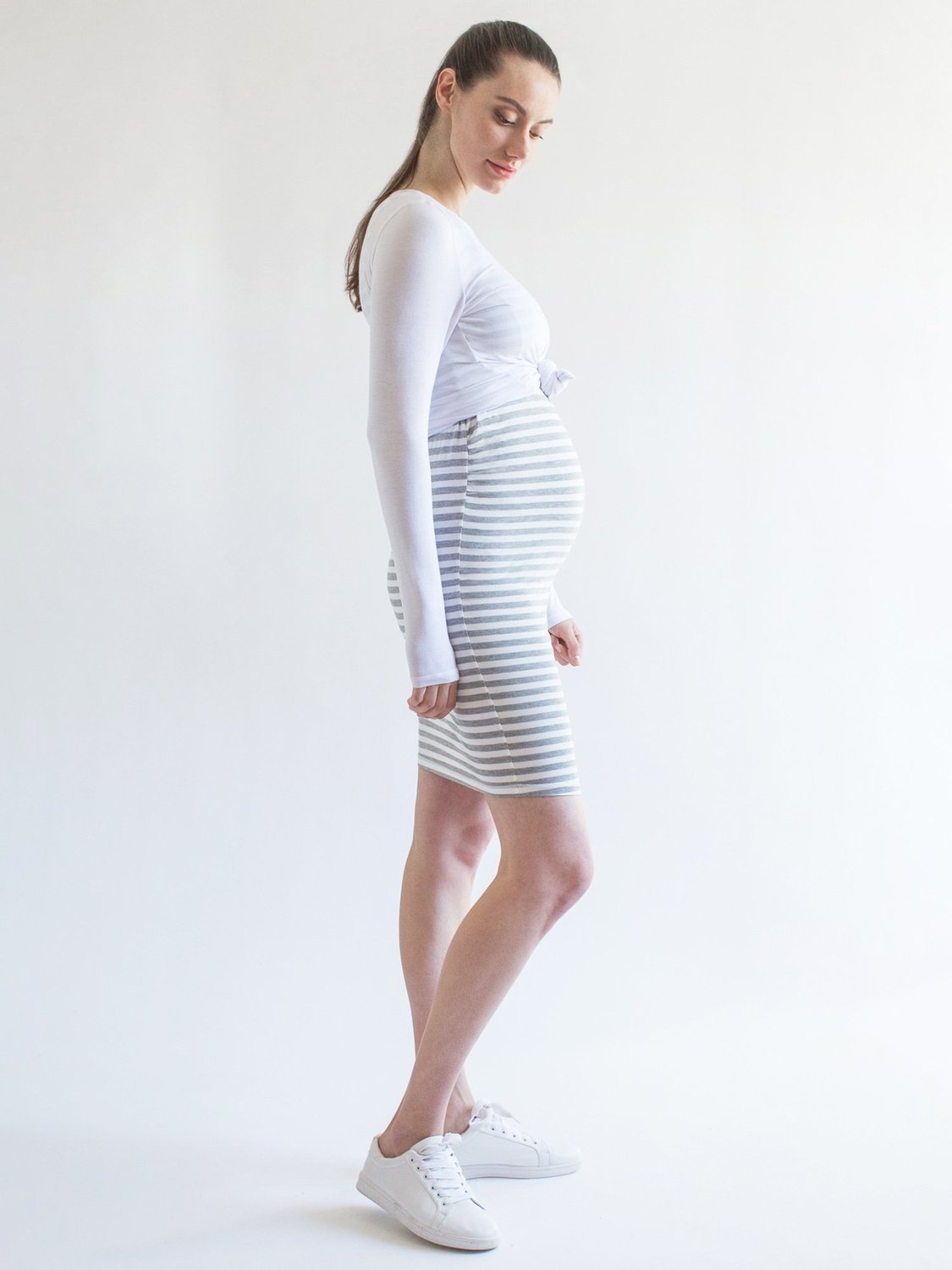 MATERNITY SOFT STRETCH SLEEVELESS MIDI DRESS, LIGHT HEATHER GREY STRIPE