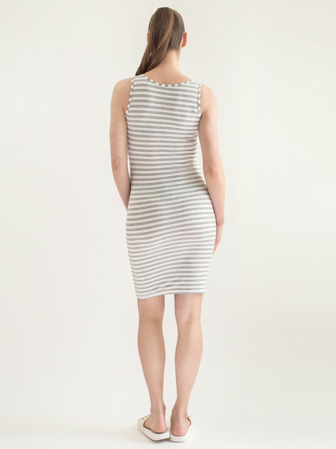 MATERNITY SOFT STRETCH SLEEVELESS MIDI DRESS, LIGHT HEATHER GREY STRIPE
