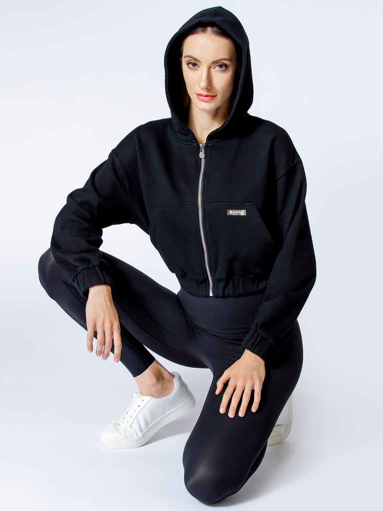 ZIP UP CROPPED HOODIE, BLACK