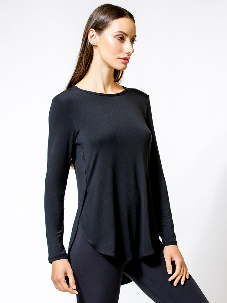 HI LO SPLIT SIDE LONG SLEEVE TEE, BLACK