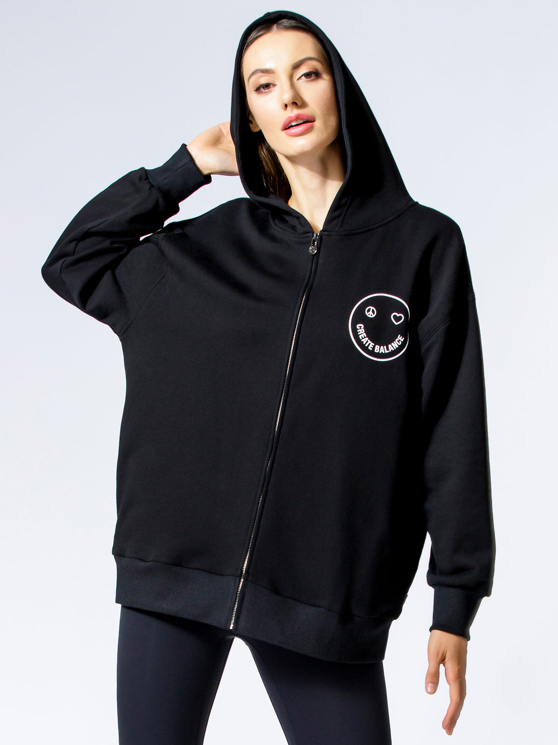HAPPY GLOW ZIP HOODIE, BLACK