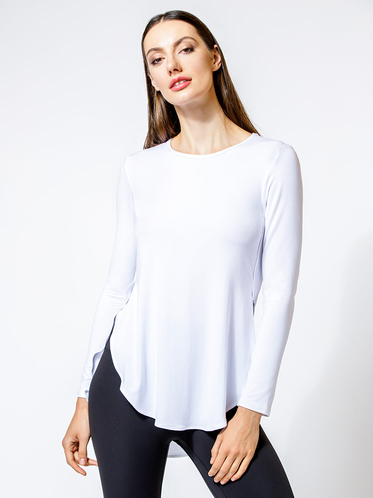 HI LO SPLIT SIDE LONG SLEEVE TEE, WHITE