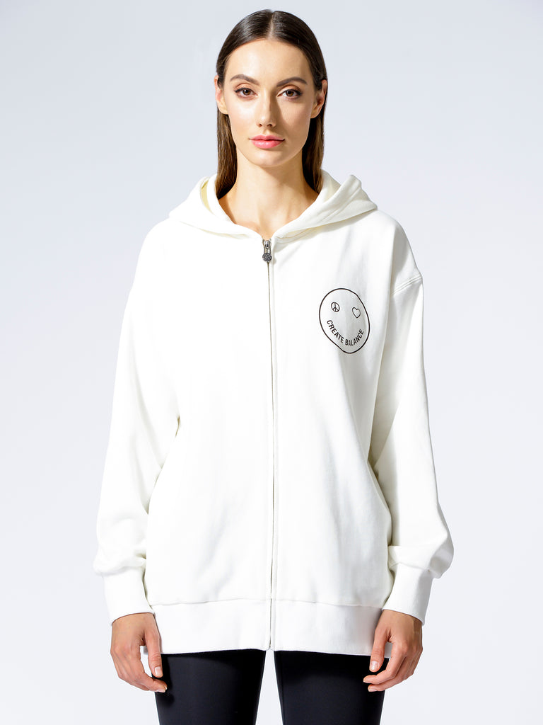 HAPPY GLOW ZIP HOODIE, WHITE