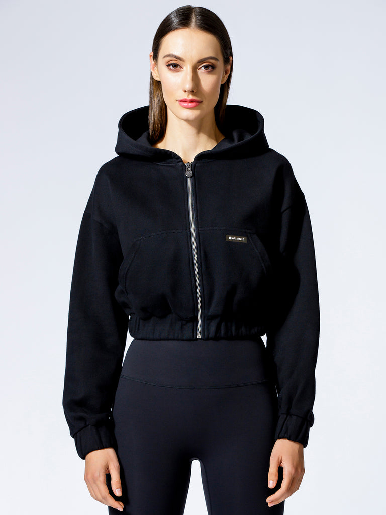 ZIP UP CROPPED HOODIE, BLACK