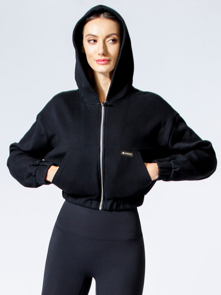 ZIP UP CROPPED HOODIE, BLACK