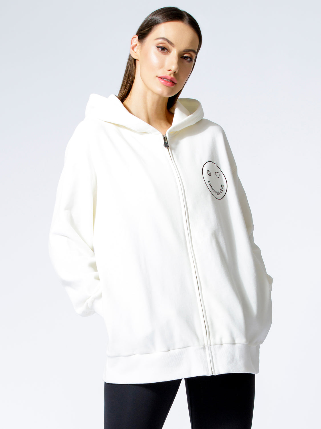 HAPPY GLOW ZIP HOODIE, WHITE