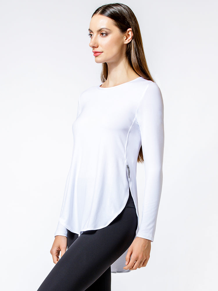 HI LO SPLIT SIDE LONG SLEEVE TEE, WHITE