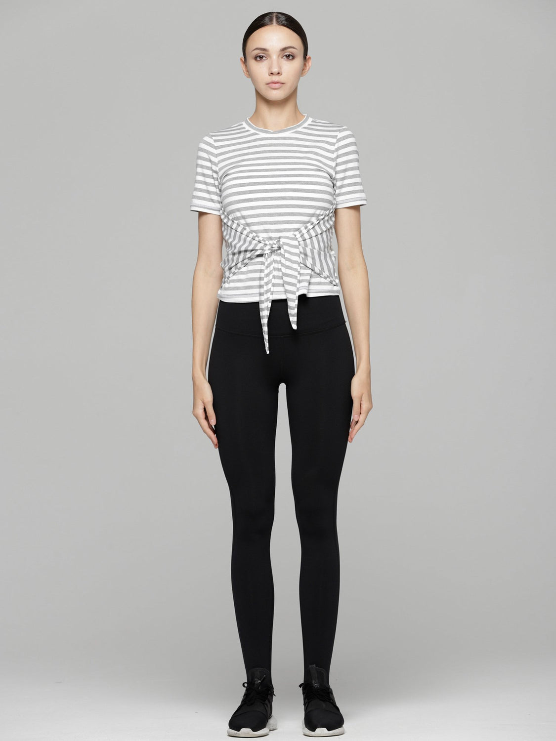 FITTED TEE WITH FRONT AND BACK TIE, GREY STRIPES