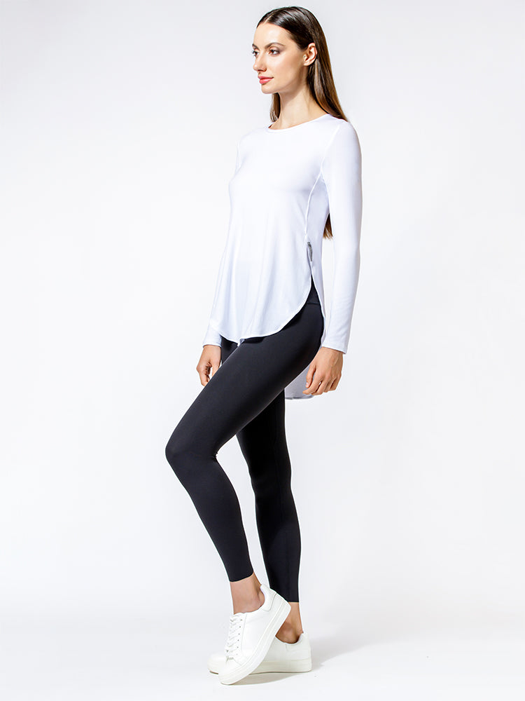 HI LO SPLIT SIDE LONG SLEEVE TEE, WHITE