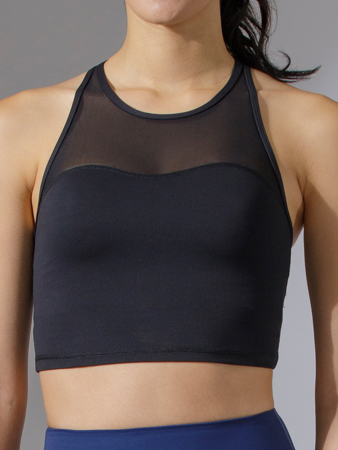LABRYINTH CROPPED TANK, BLACK/BLACK MESH