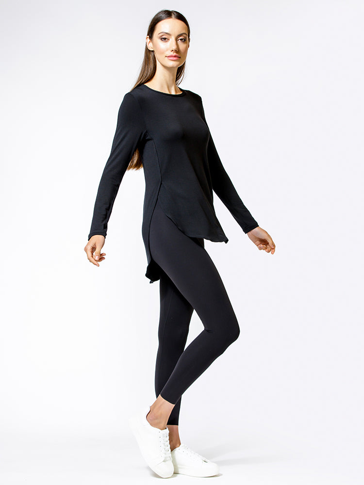 HI LO SPLIT SIDE LONG SLEEVE TEE, BLACK