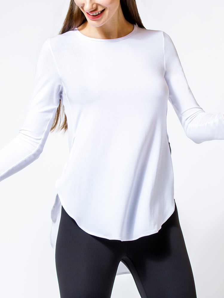 HI LO SPLIT SIDE LONG SLEEVE TEE, WHITE