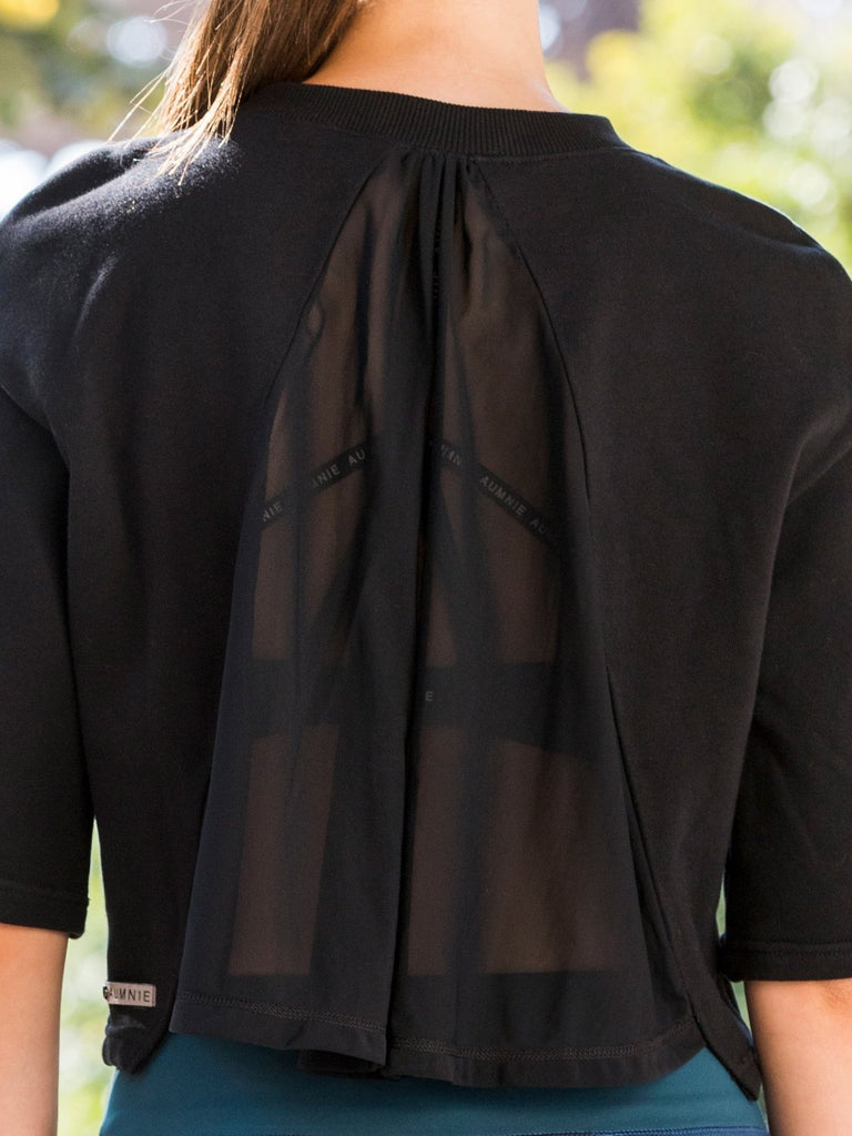 PLEATED MESH SWEATSHIRT,BLACK
