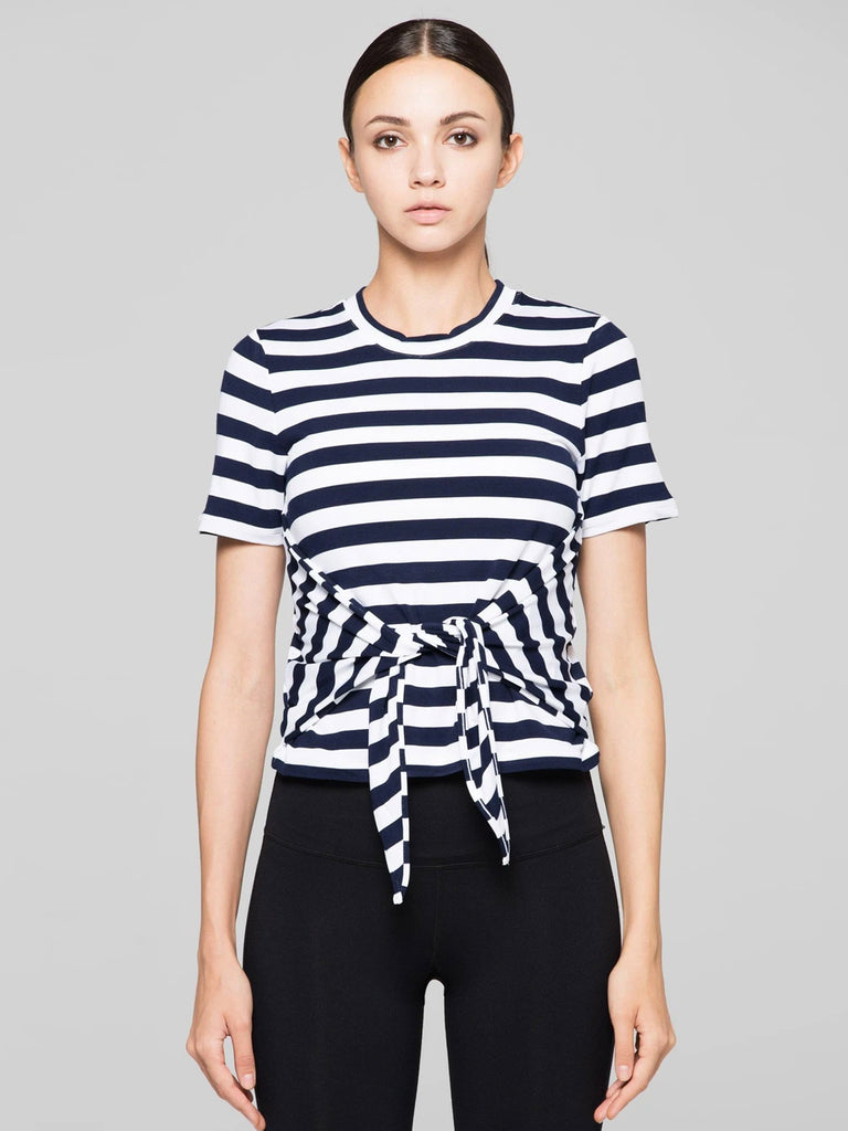 FITTED TEE WITH FRONT AND BACK TIE, NAVY STRIPES