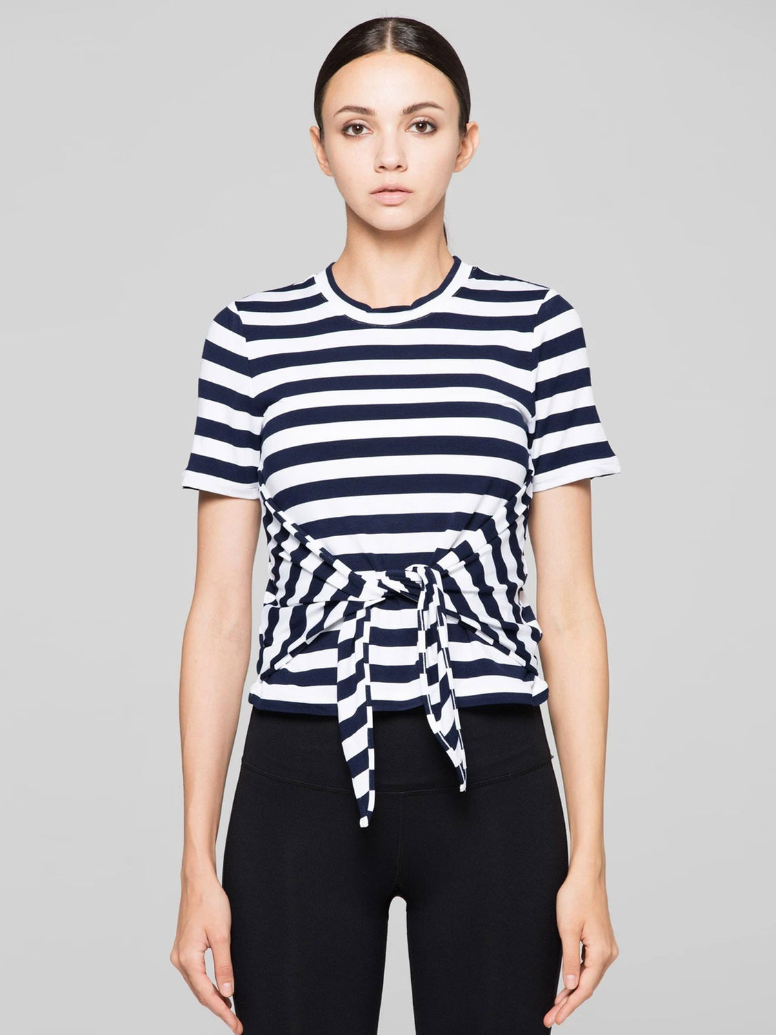 FITTED TEE WITH FRONT AND BACK TIE, NAVY STRIPES