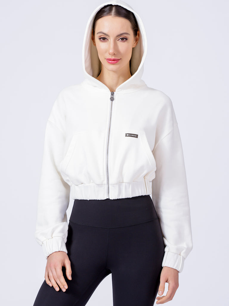 ZIP UP CROPPED HOODIE, WHITE