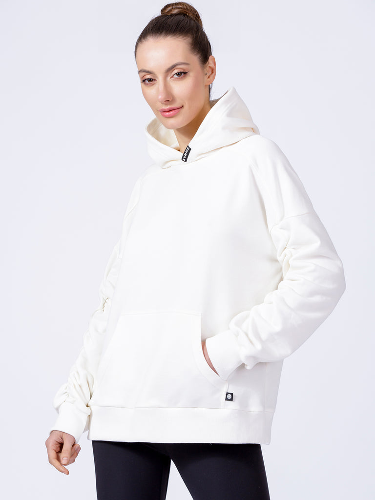 RUCHED RUNWAY HOODIE, WHITE