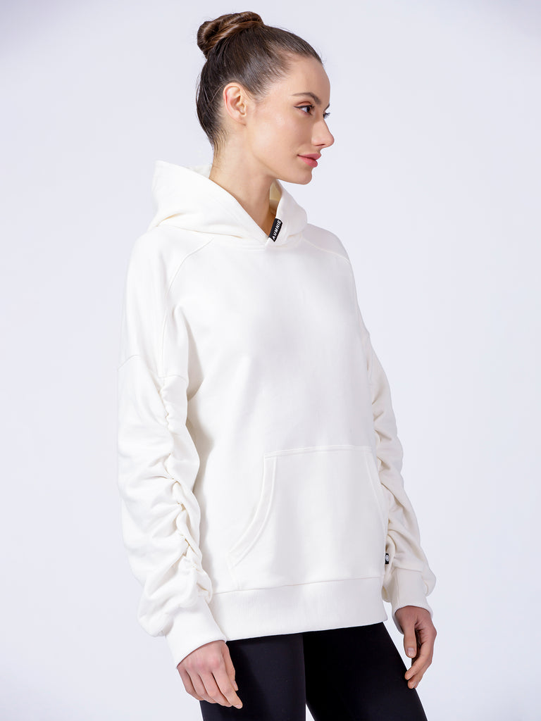 RUCHED RUNWAY HOODIE, WHITE