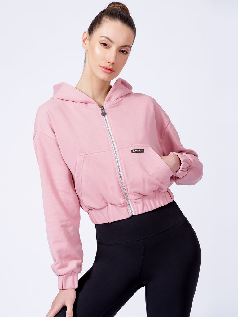 ZIP UP CROPPED HOODIE, PINK