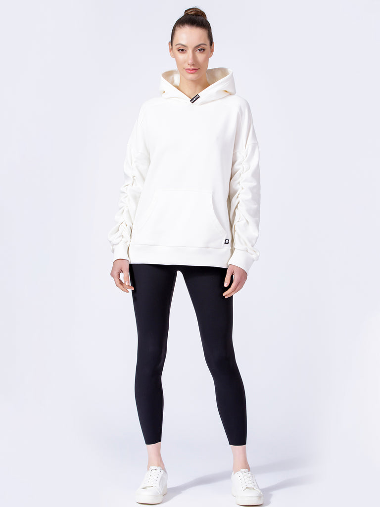 RUCHED RUNWAY HOODIE, WHITE