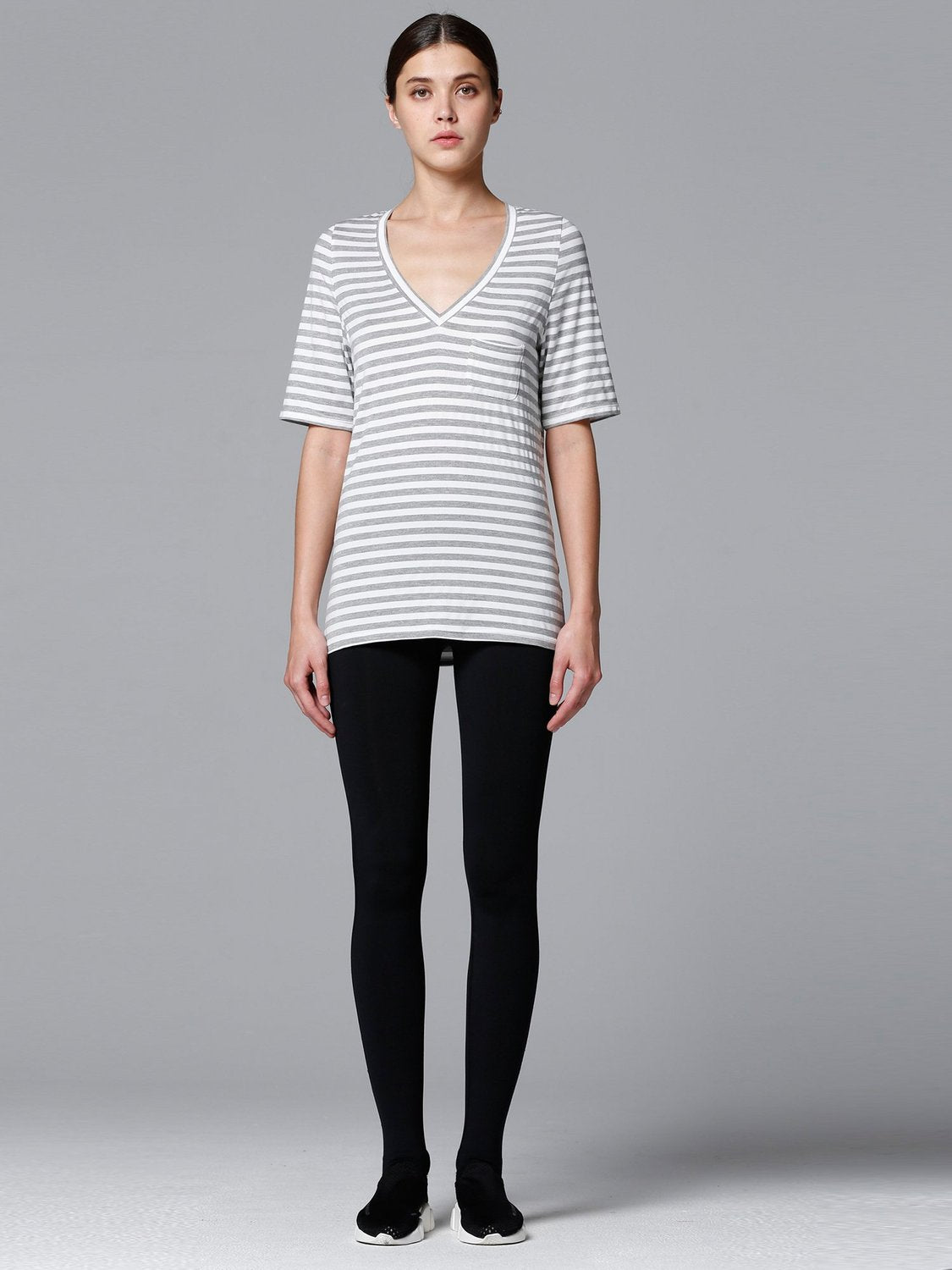 LOOSE DEEP V TEE, GREY STRIPES