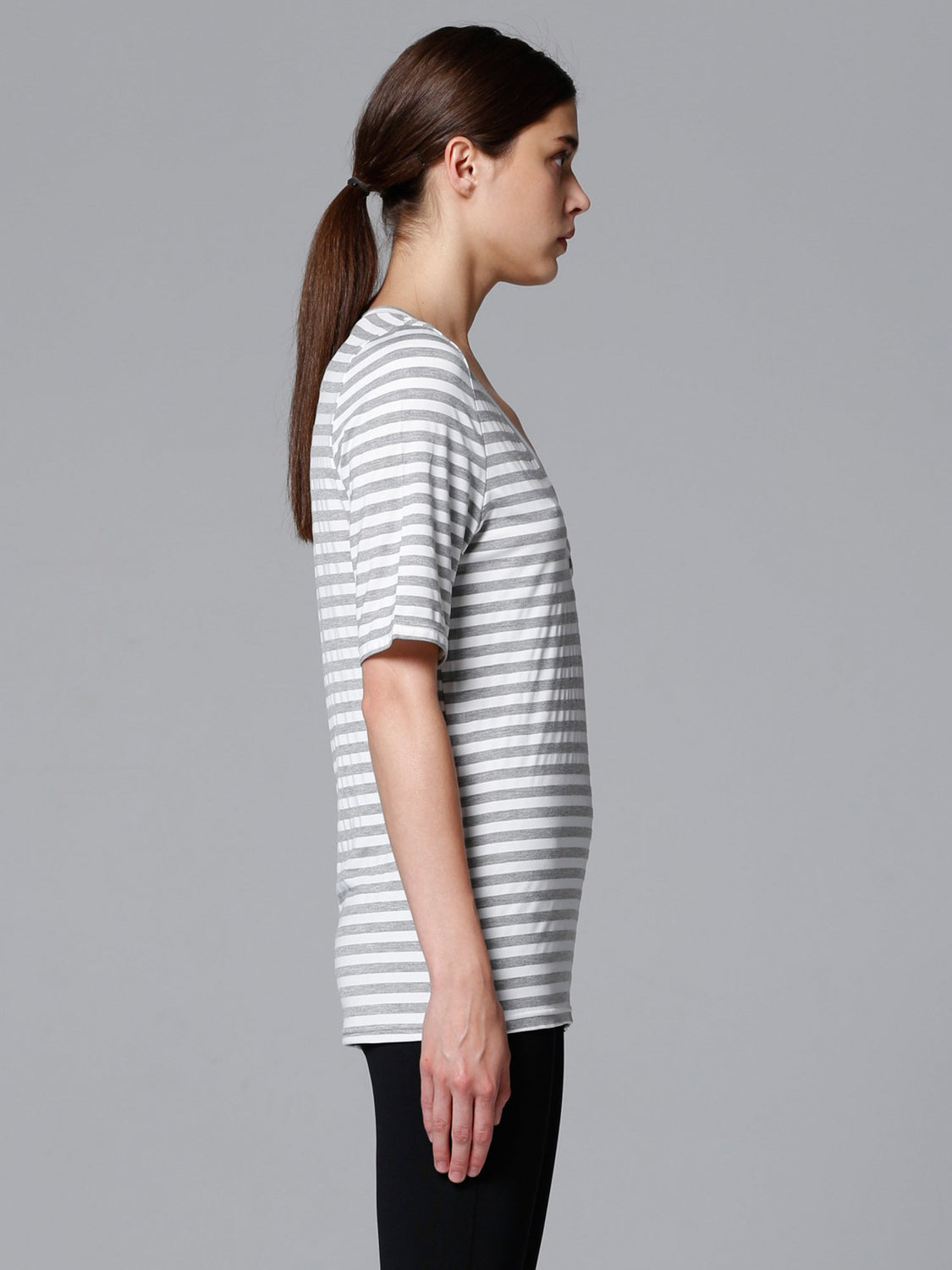 LOOSE DEEP V TEE, GREY STRIPES