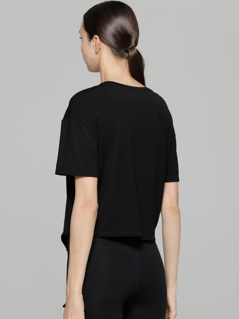 LOOSE FIT CROPPED TEE WITH FRONT TIE, BLACK