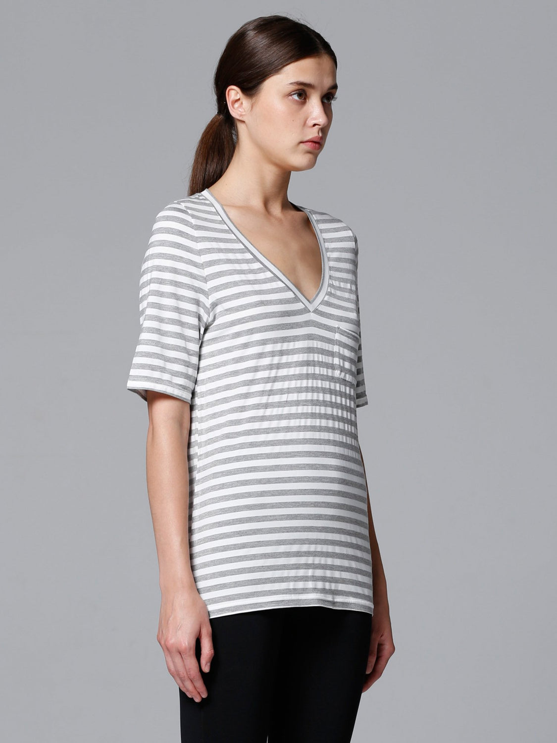 LOOSE DEEP V TEE, GREY STRIPES