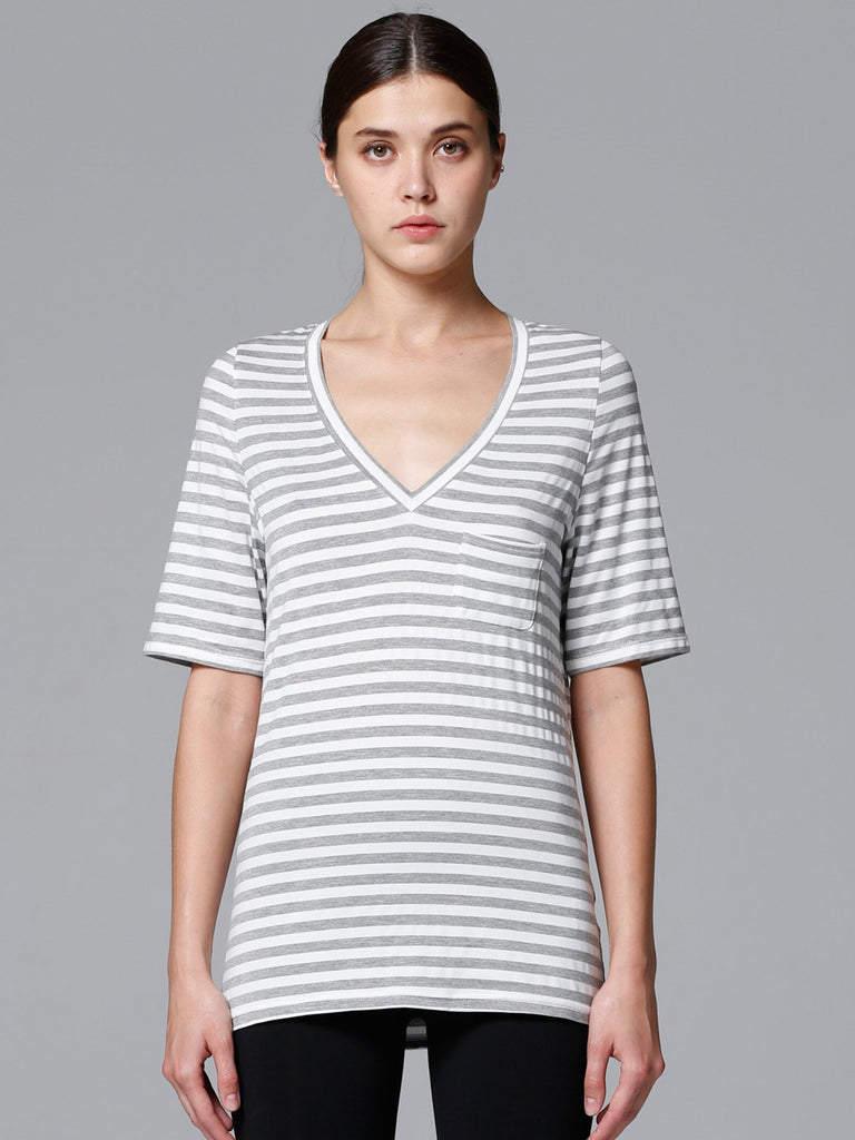 LOOSE DEEP V TEE, GREY STRIPES